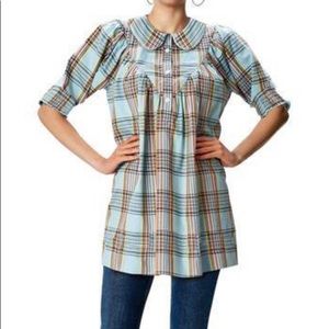 Ruched bib cotton twill check top